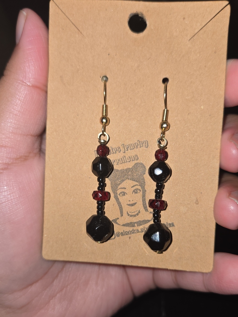 Handmade Black and Deep Red Beaded Dangle Earrings